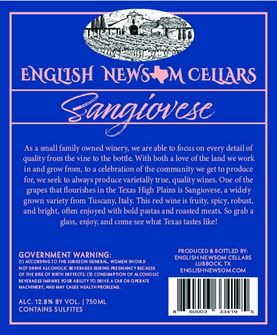 TABC label artwork for English Newsom Cellars Sangiovese