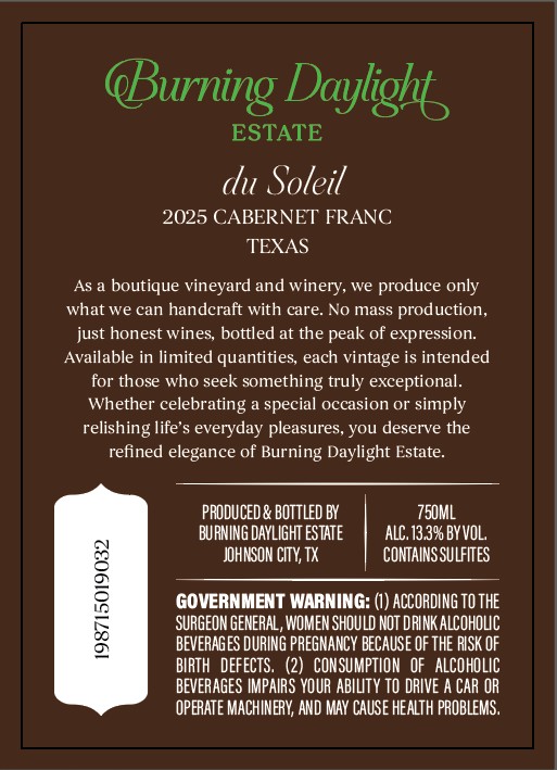 TABC label artwork for Burning Daylight Estate Du Soleil Cabernet franc