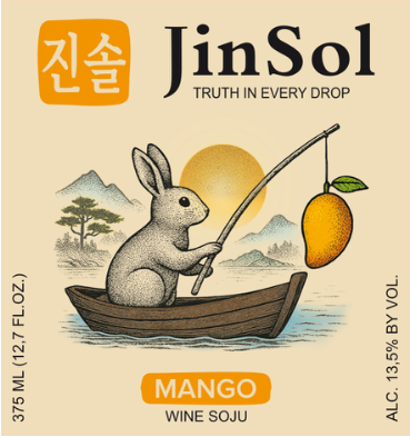 TABC label artwork for JinSol Korean Soju, Mango Flavour  , Crafted from Apple wine ,Korea, Pack 20 , 375 mL , 13.5% ABV