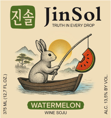 TABC label artwork for JinSol Korean Soju, Watermelon Flavour , Crafted from Apple wine ,Korea, Pack 20 , 375 mL , 13% ABV
