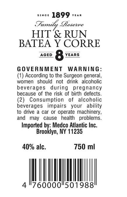 TABC label artwork for HIT & RUN  RUM 8Y, 750 mL, 40%