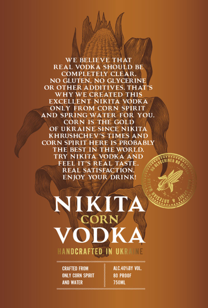 TABC label artwork for Vodka , Nikita , Corn  , Handcrafted in Ukraine, Classic  Vodka ,  1L, 40%
