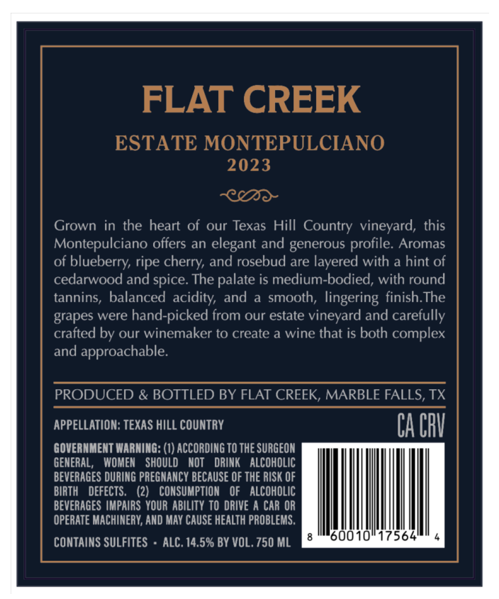 TABC label artwork for Flat Creek Estate Montepulciano