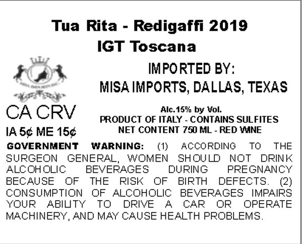 TABC label artwork for TUA RITA REDIGAFFI