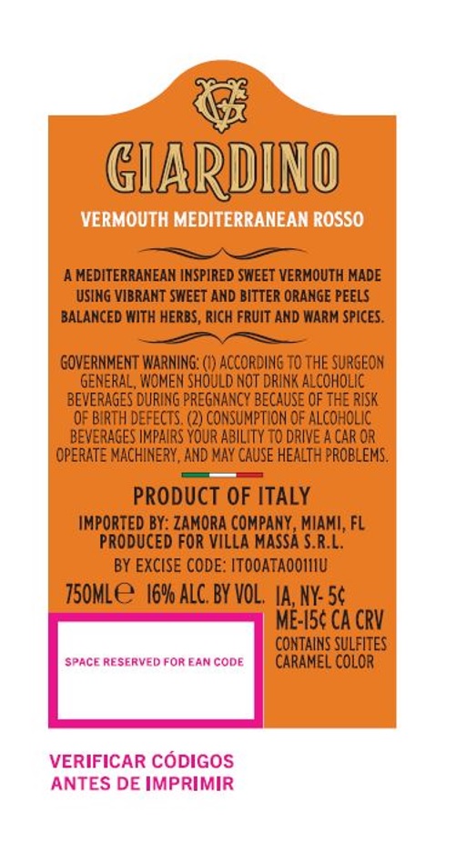 TABC label artwork for Villa Massa Vermouth Giardino Mediterranean Rosso