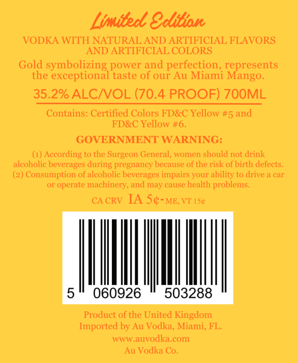 TABC label artwork for Au Vodka Co. Miami Mango Vodka Limited Edition