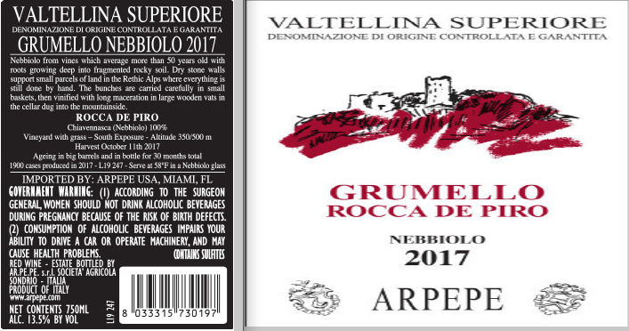 TABC label artwork for ARPEPE Rocca de Piro Valtellina Superiore Nebbiolo Red