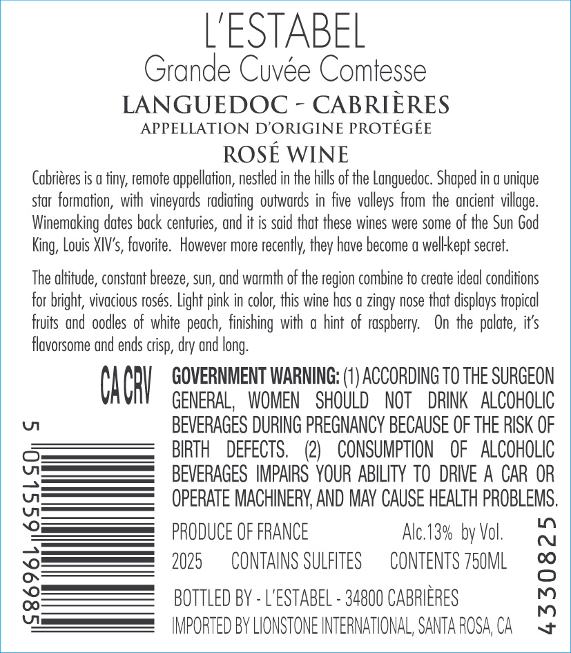 TABC label artwork for L'Estabel Grand Cuvee Comtesse Languedoc-Cabrieres Rose Wine, France