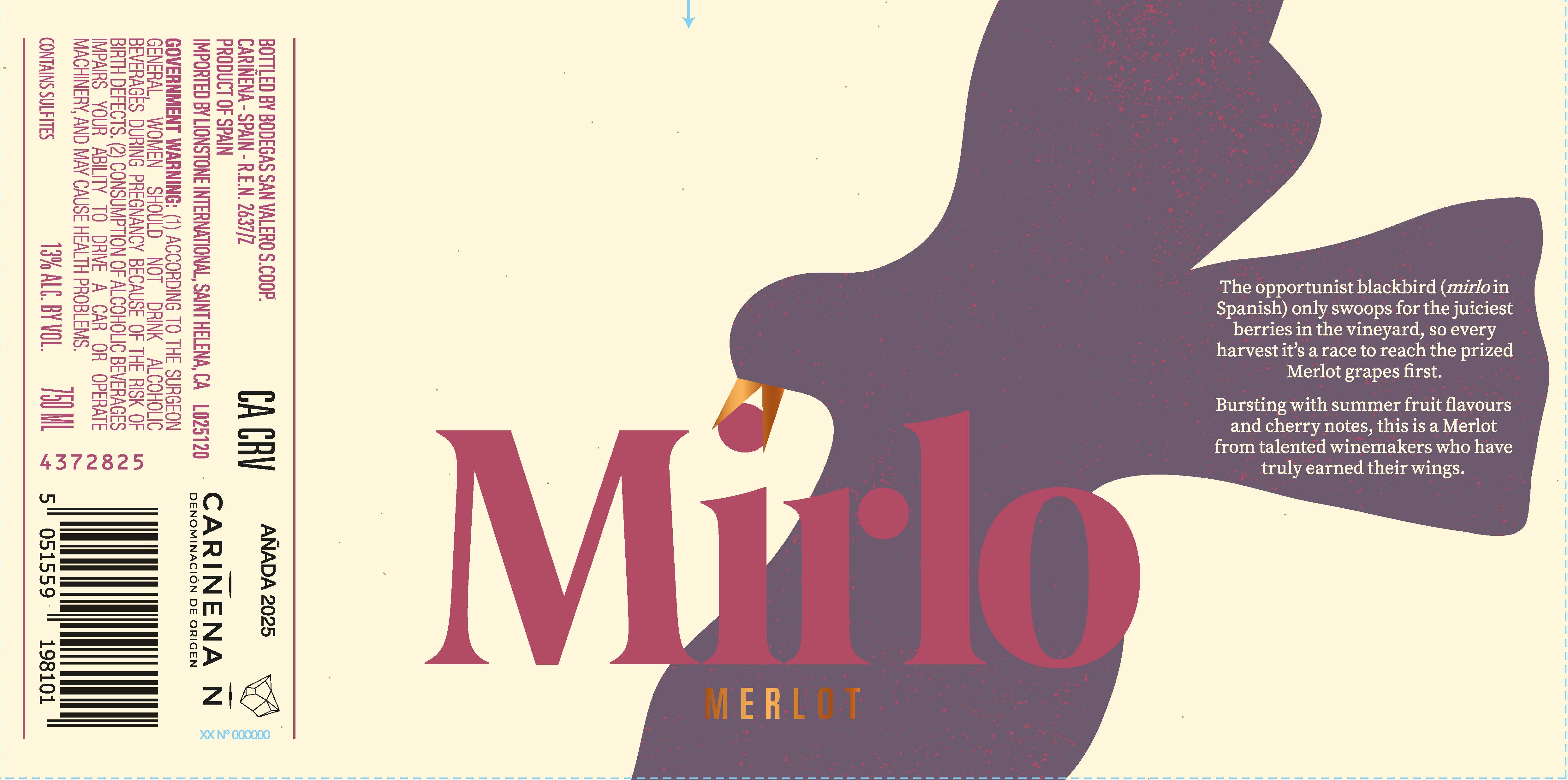 TABC label artwork for Mirlo Carinena Merlot, Spain