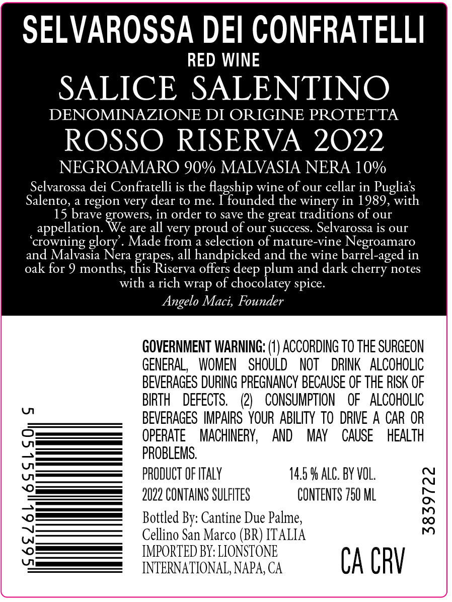TABC label artwork for Selvarossa dei Confratelli Rosso Riserva Salice Salentino Negroamaro, Malvasia Nera, Italy