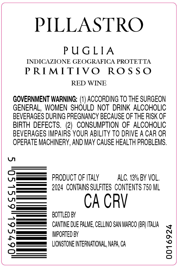 TABC label artwork for Pillastro Puglia Primitivo Rosso Red Wine, Italy