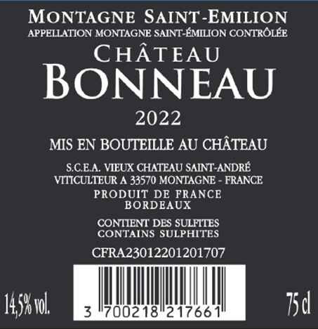 TABC label artwork for CHATEAU BONNEAU MONTAGNE SAINT-EMILION