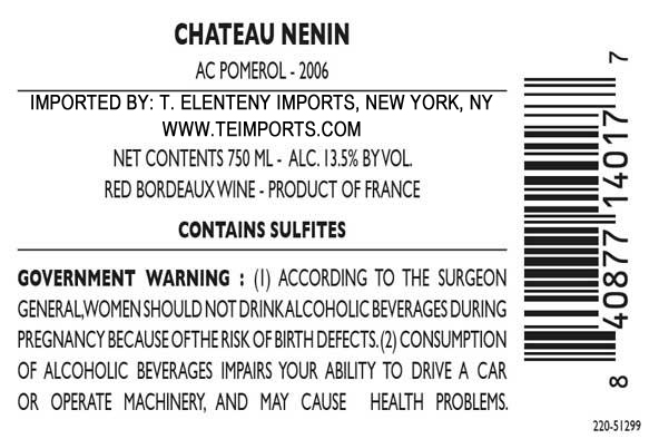 TABC label artwork for CHATEAU NENIN POMEROL