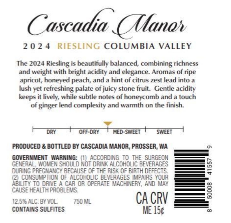 TABC label artwork for Cascadia Manor Riesling