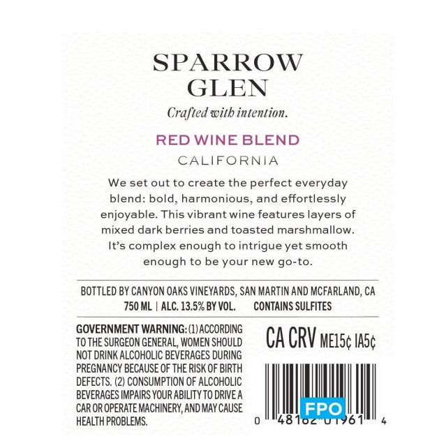 TABC label artwork for Sparrow Glen Red Blend