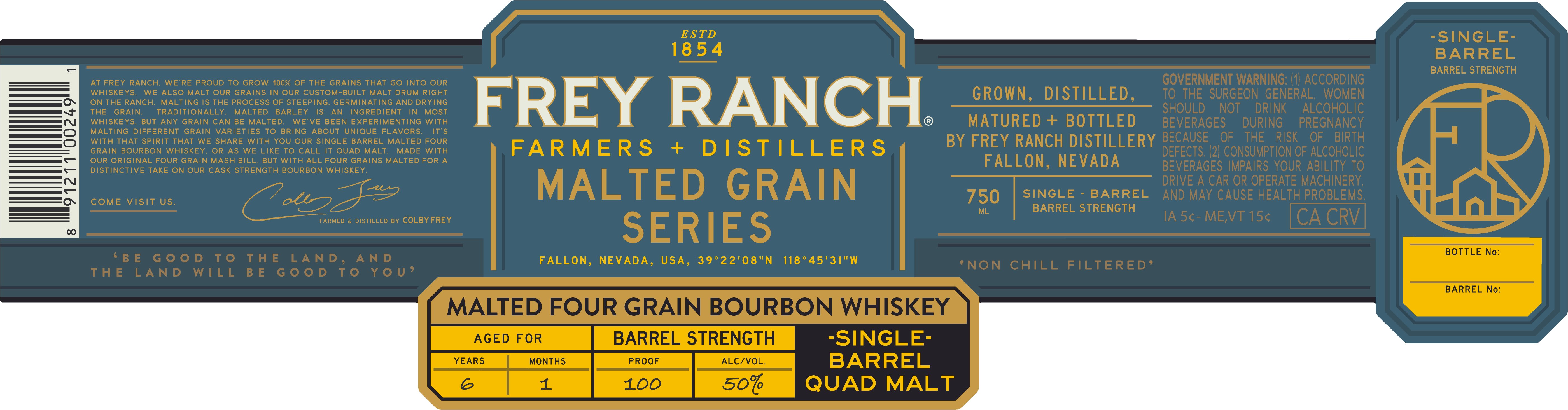 TABC label artwork for Frey Ranch Malted Grain Series Farmers + Distillers Bourbon Whiskey