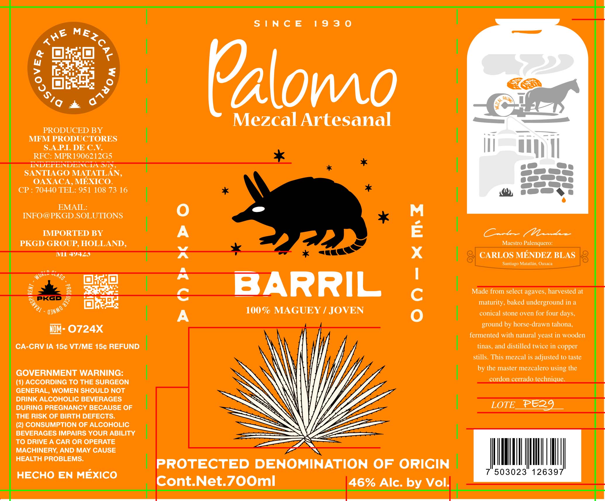TABC label artwork for Palomo Barril Mezcal
