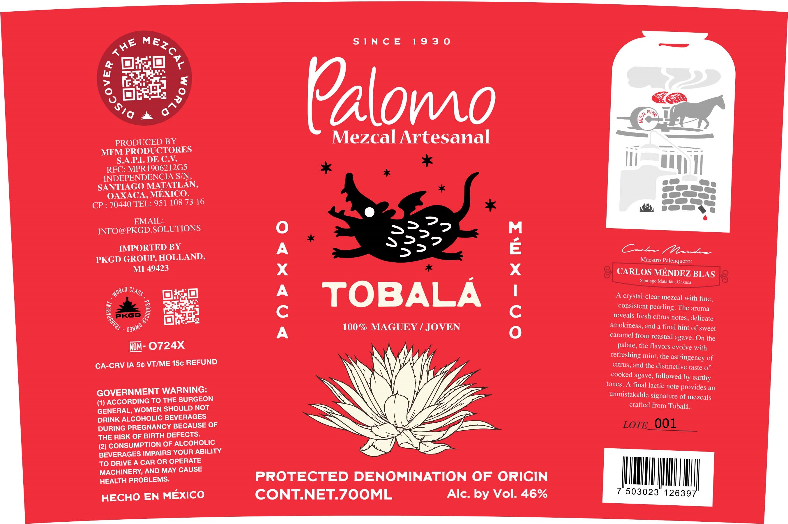 TABC label artwork for Palomo Tobala Mezcal