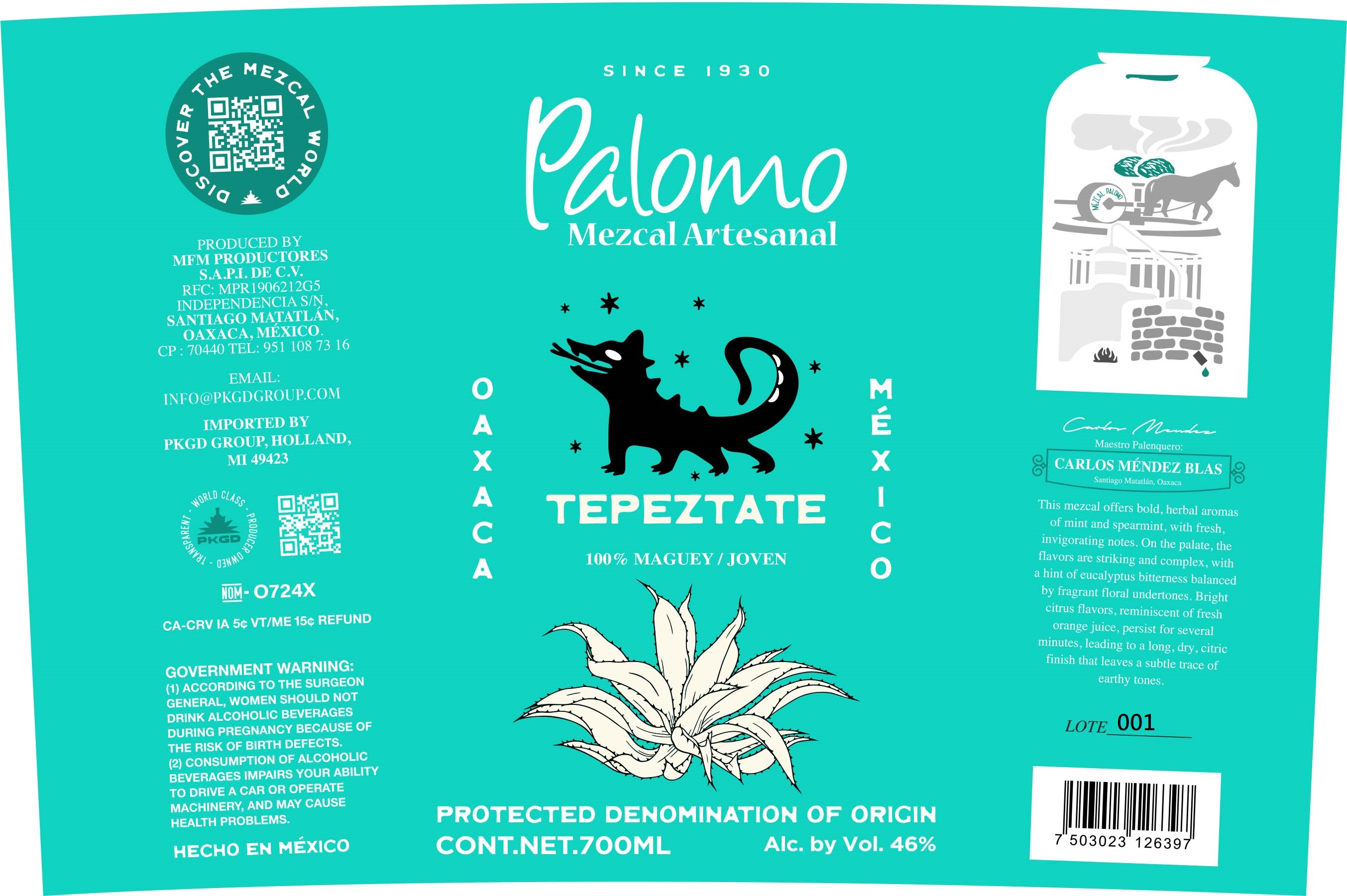 TABC label artwork for Palomo Tepeztate Mezcal