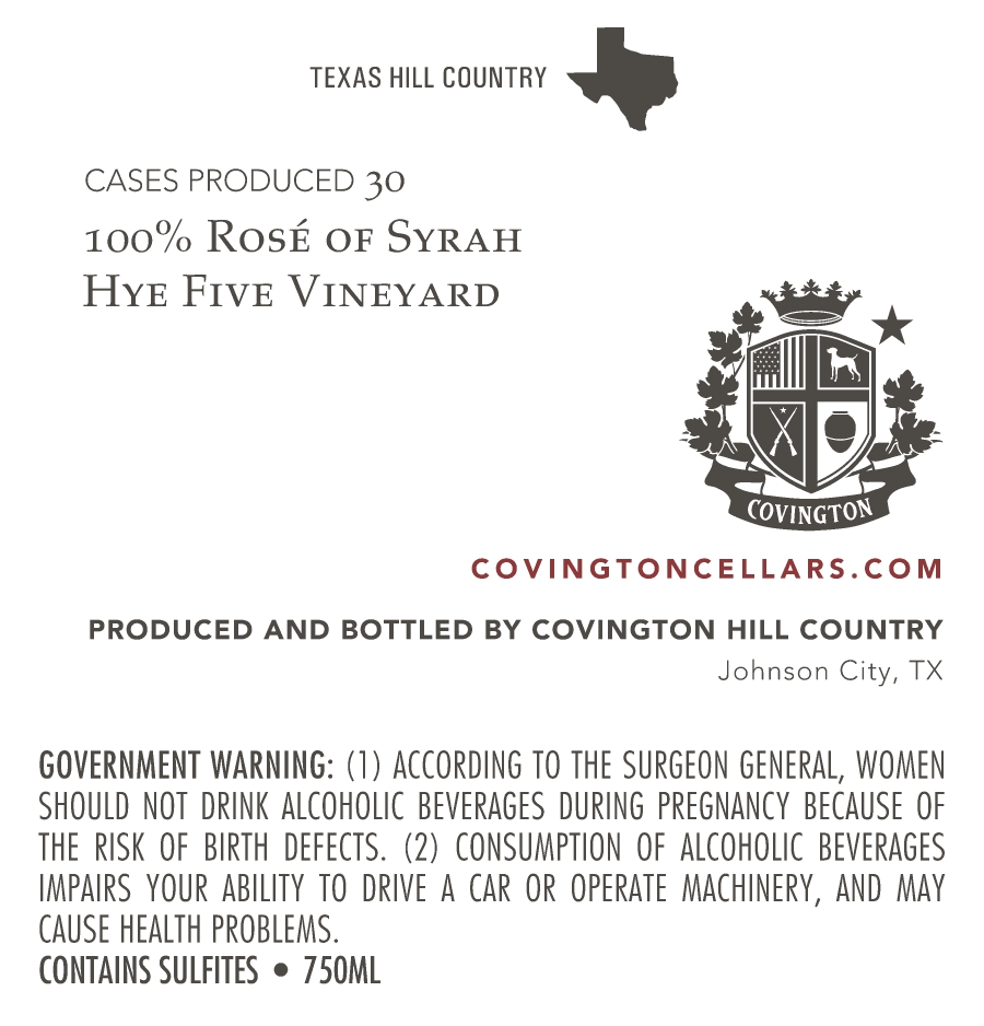 TABC label artwork for Covington Cellars Rose of Syrah