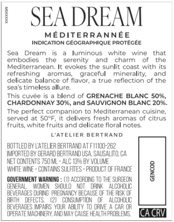 TABC label artwork for L'Atelier Bertrand Sea Dream Mediterrannee White Wine