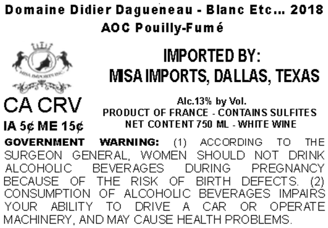 TABC label artwork for DOMAINE DIDIER DAGUENEAU BLANC ETC...