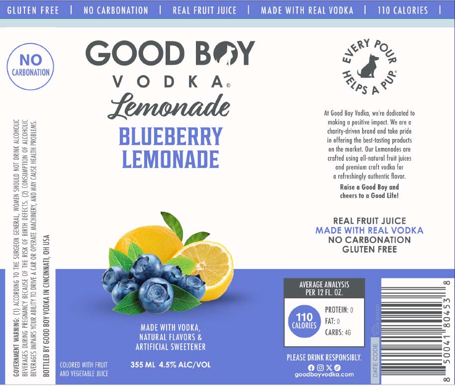 TABC label artwork for GOOD BOY VODKA BLUEBERRY LEMONADE