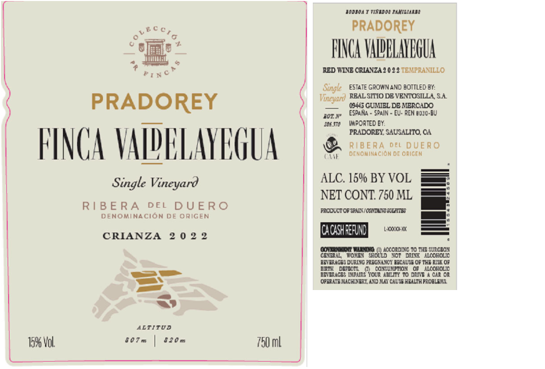 TABC label artwork for PradoRey Finca Valdelayega Crianza Tempranillo Ribera del Duero