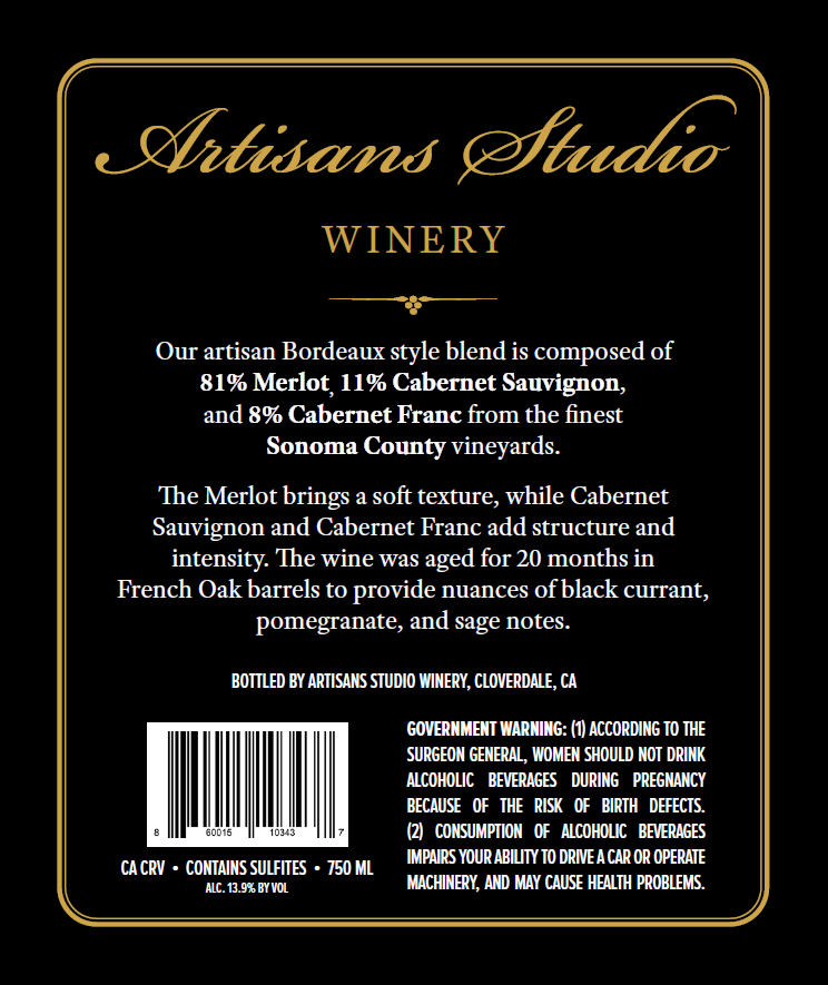 TABC label artwork for Artisans Studio Winery