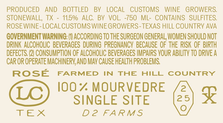 TABC label artwork for Local Customs Single Site Rosé Mourvèdre