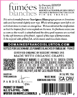 TABC label artwork for Les Fumees Blanches Orange Skin Contact Vin de France Sauvignon Blanc