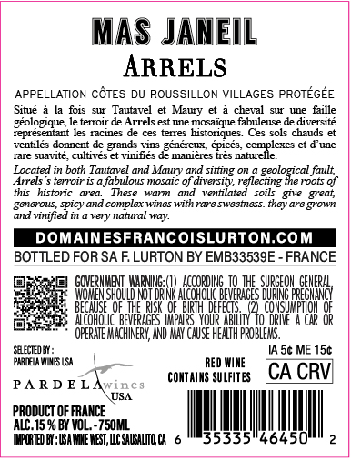 TABC label artwork for Mas Janeil Arrels Cotes du Roussillon Villages Red
