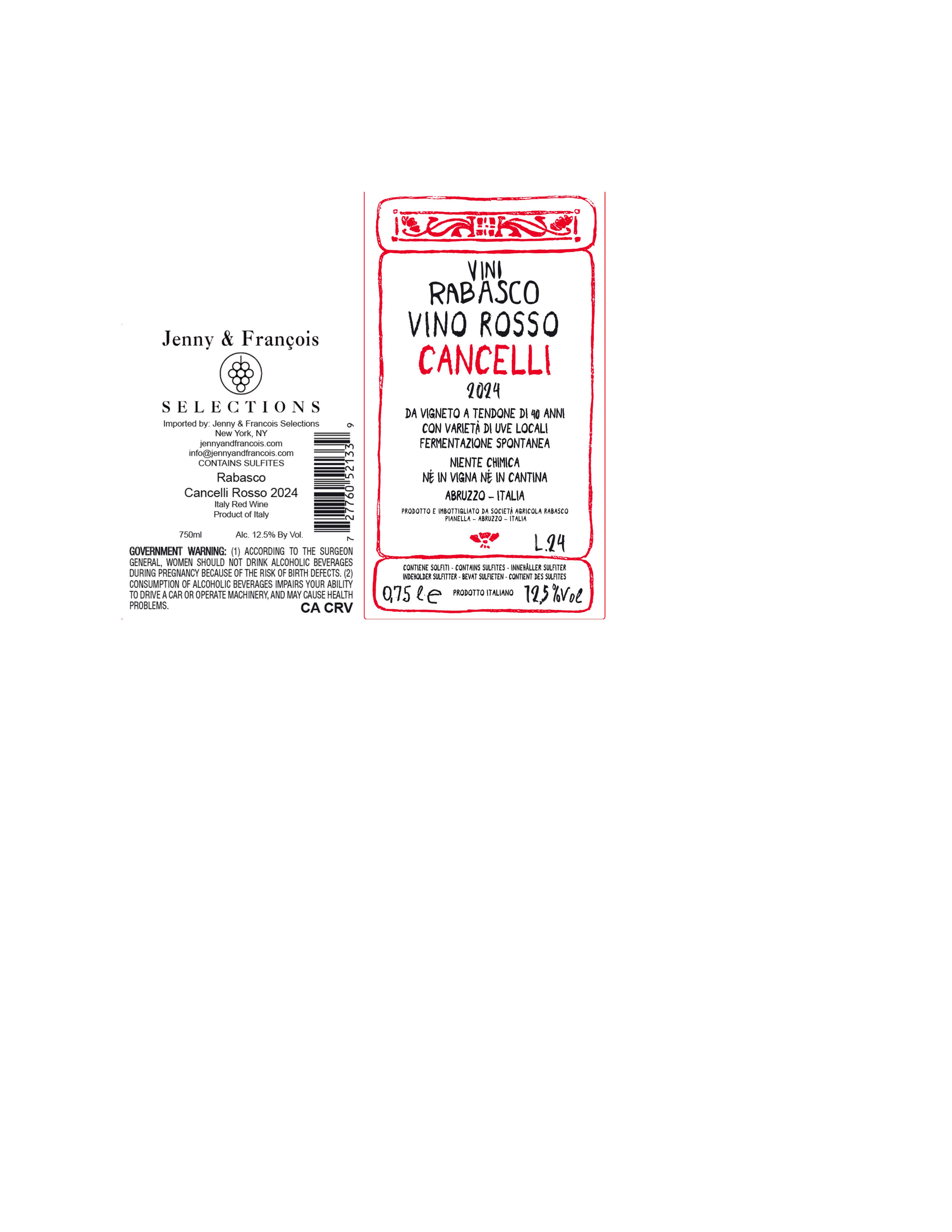 TABC label artwork for Rabasco, Rosso Cancelli