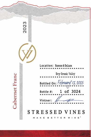 TABC label artwork for STRESSED VINES CABERNET FRANC ROSCOE & DELUCA DRY CREEK VALLEY