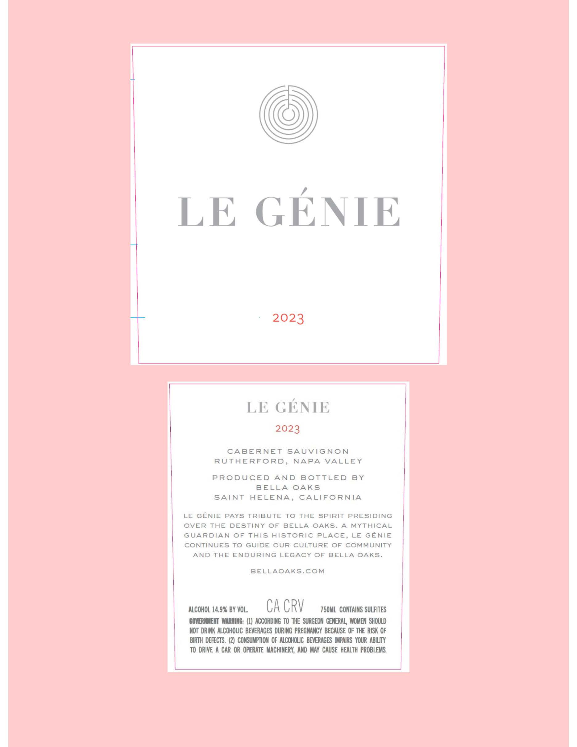 TABC label artwork for BELLA OAKS LE GENIE CABERNET SAUVIGNON RUTHERFORD, NAPA VALLEY