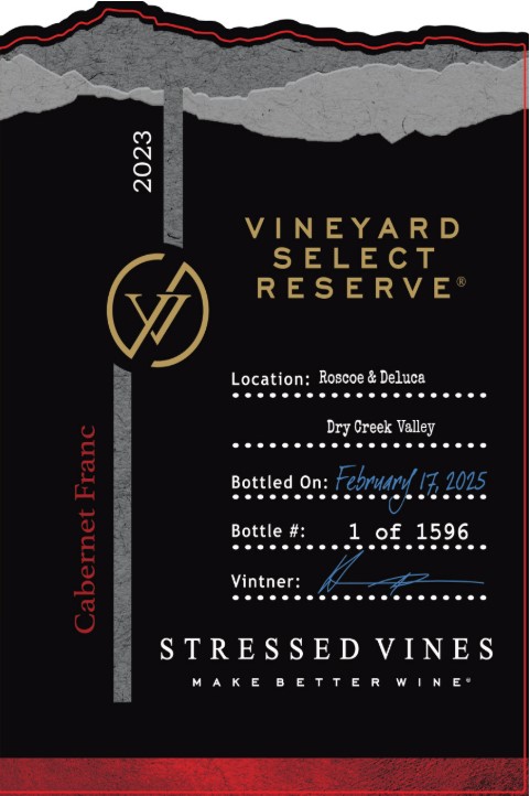 TABC label artwork for STRESSED VINES 2023 CABERNET FRANC DRY CREEK VALLEY VINEYARD SELECT RESERVE