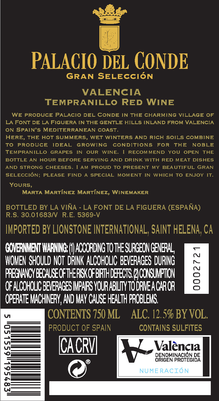 TABC label artwork for Palacio del Conde Gran Seleccion Valencia Tempranillo, Spain