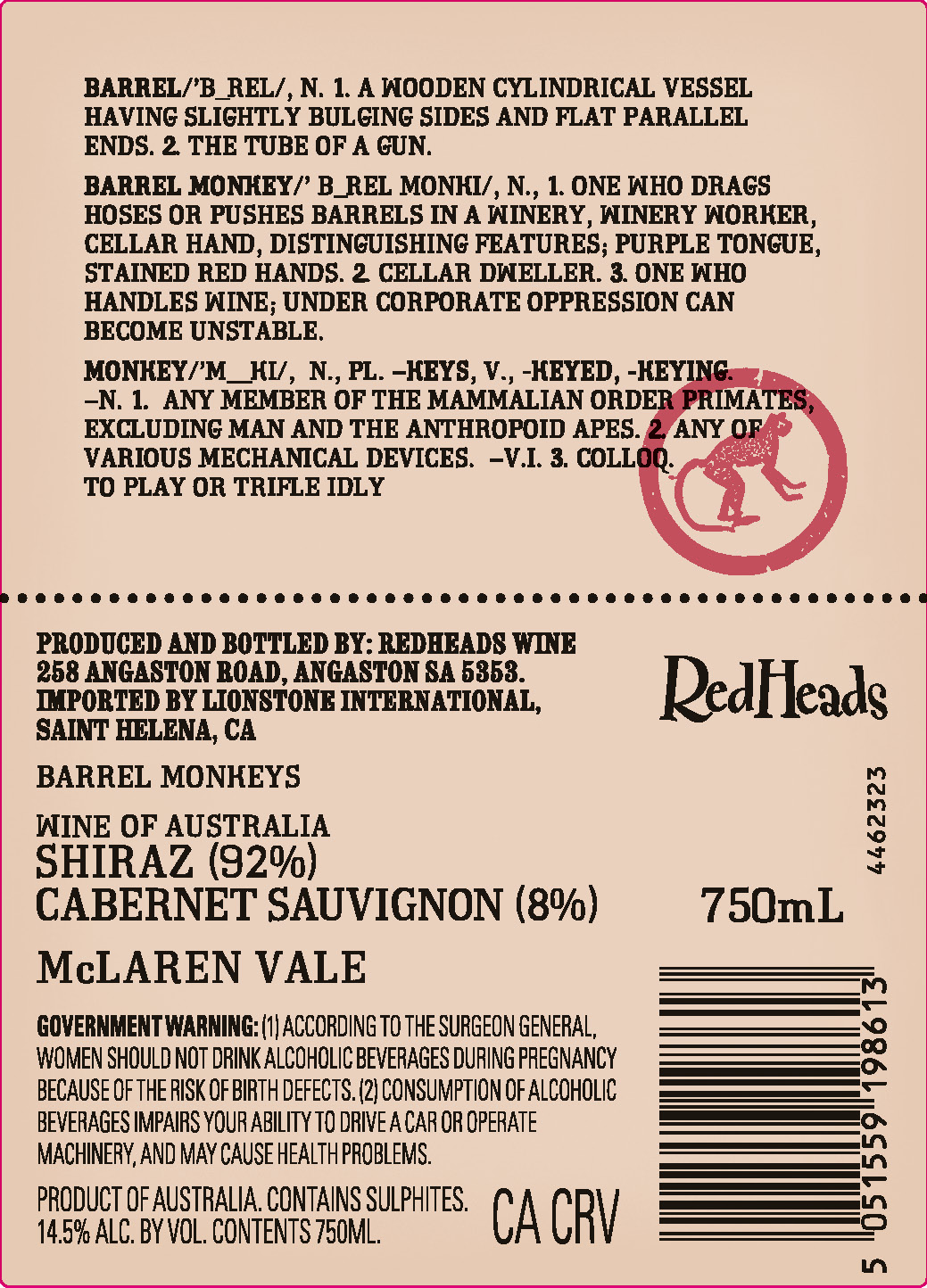 TABC label artwork for Barrel Monkeys McLaren Vale Shiraz, Cabernet Sauvignon, Australia