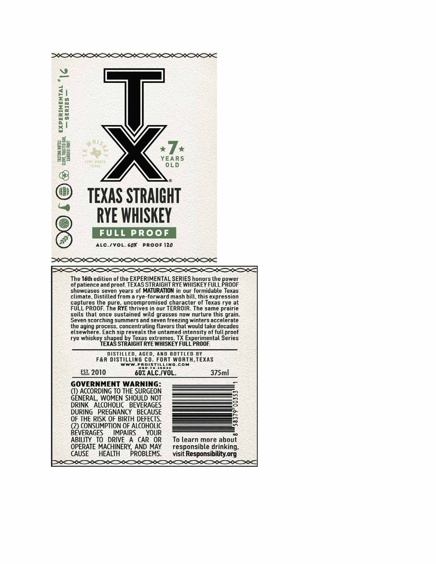 TABC label artwork for TX Experimental Series Straight Rye Full Proof