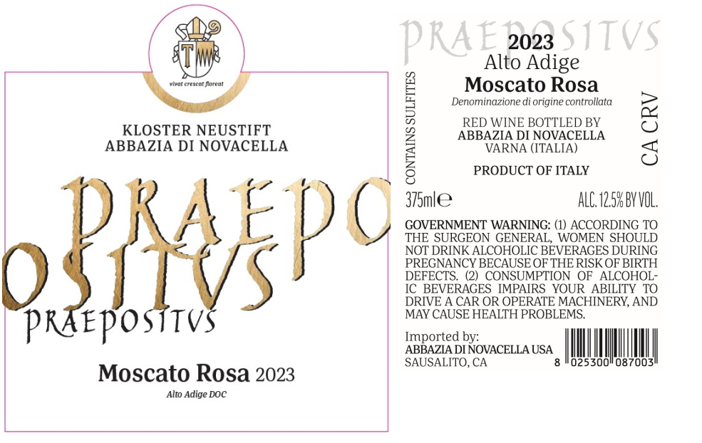 TABC label artwork for Abbazia di Novacella Praepositus Moscato Rosa Alto Adige
