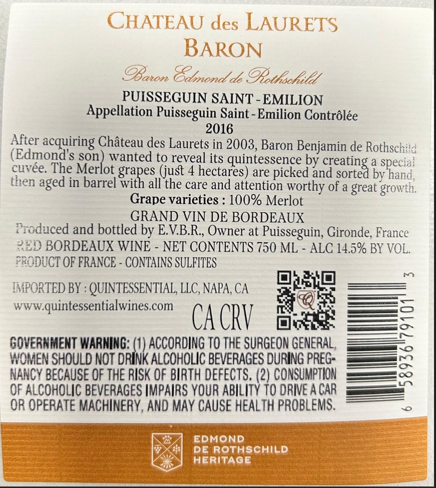 TABC label artwork for Chateau des Laurets Baron Merlot Puisseguin Saint-Emilio