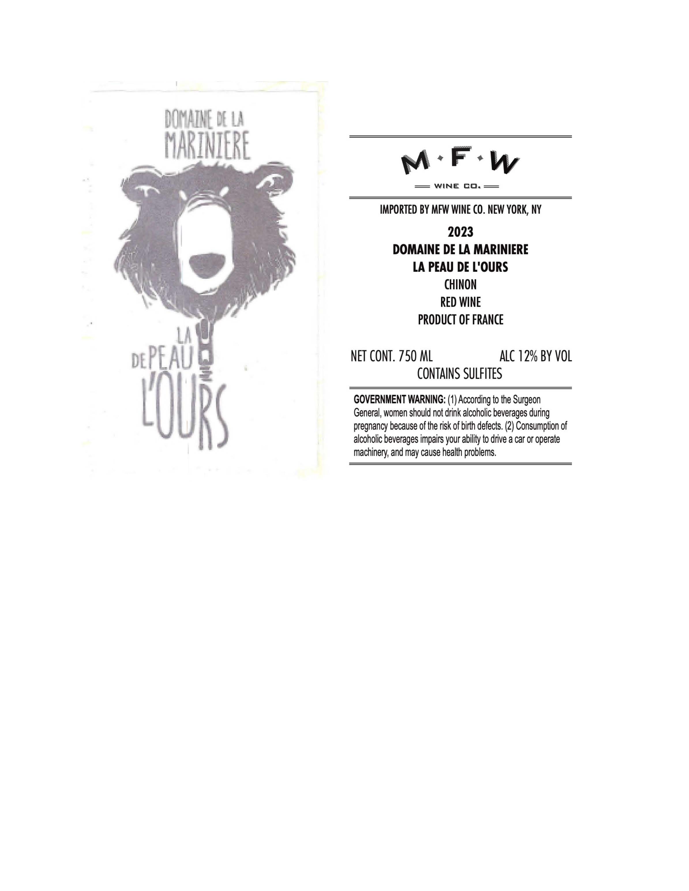 TABC label artwork for Domaine de la Mariniere Chinon La Peau de LOurs