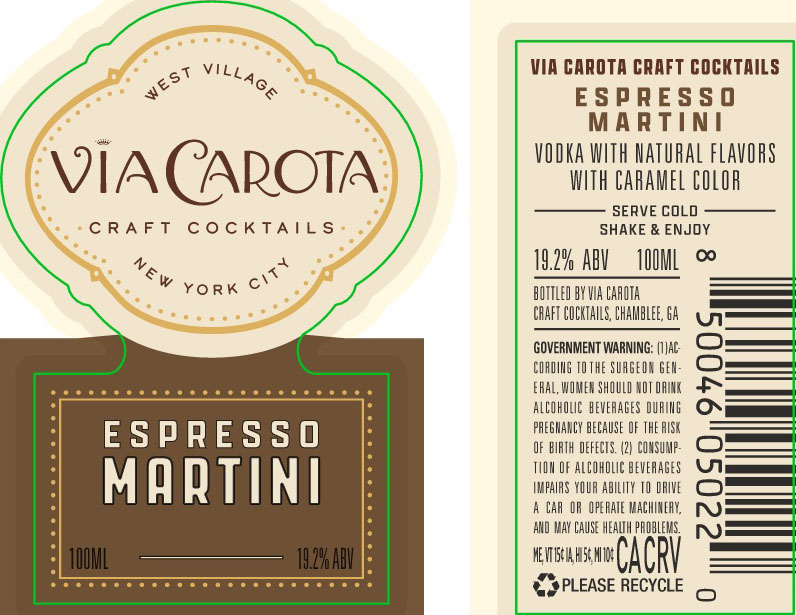 TABC label artwork for Via Carota Craft Cocktails Espresso Martini