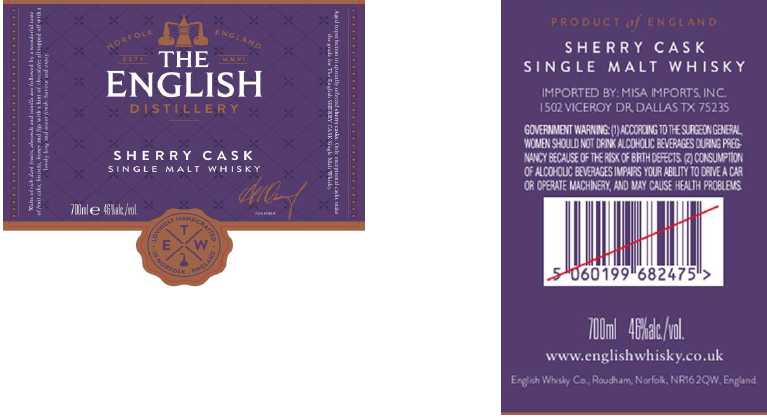 TABC label artwork for THE ENGLISH SHERRY CASK SINGLE MALT WHISKY