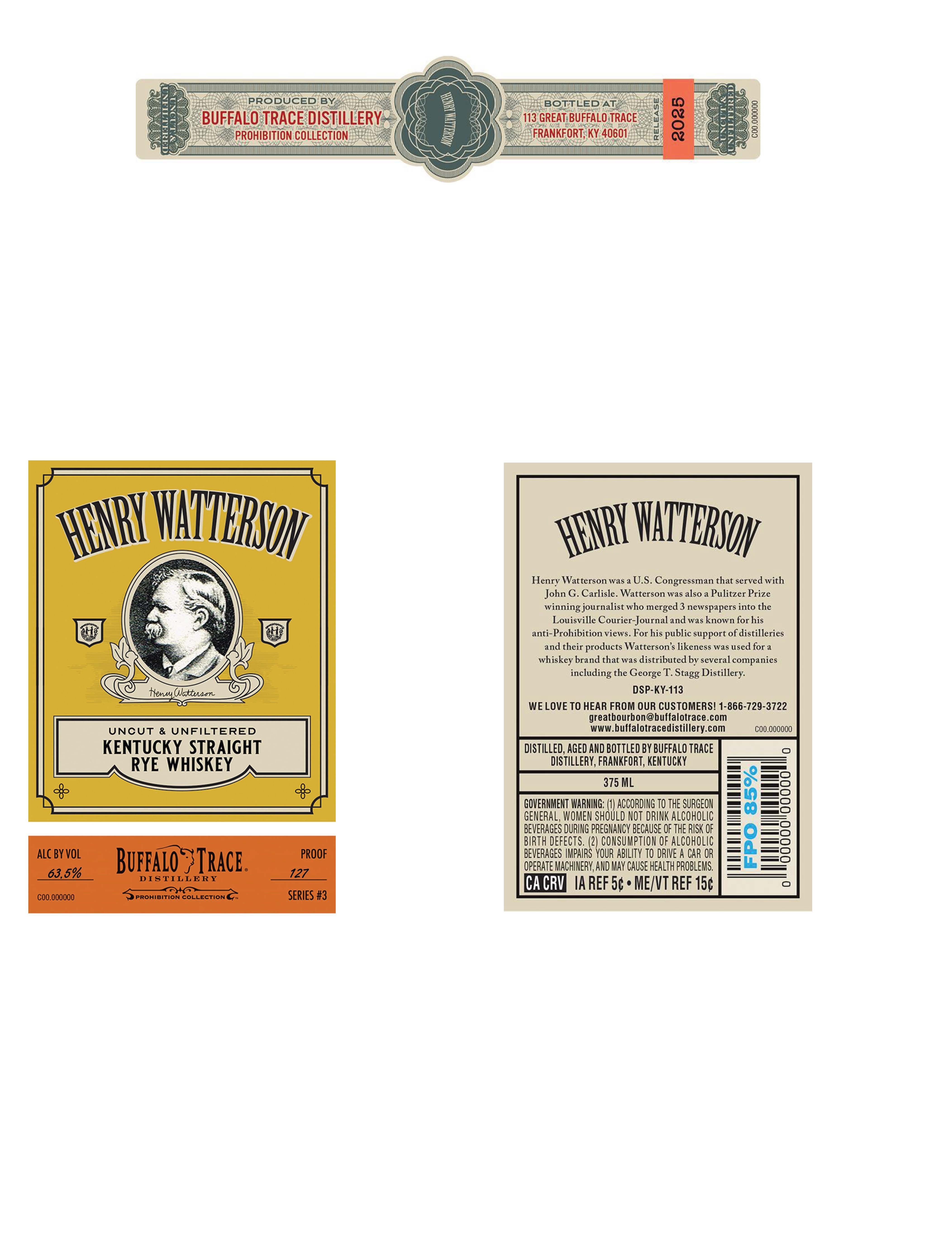TABC label artwork for Henry Watterson Kentucky Straight Rye Whiskey | Prohibition Collection #3