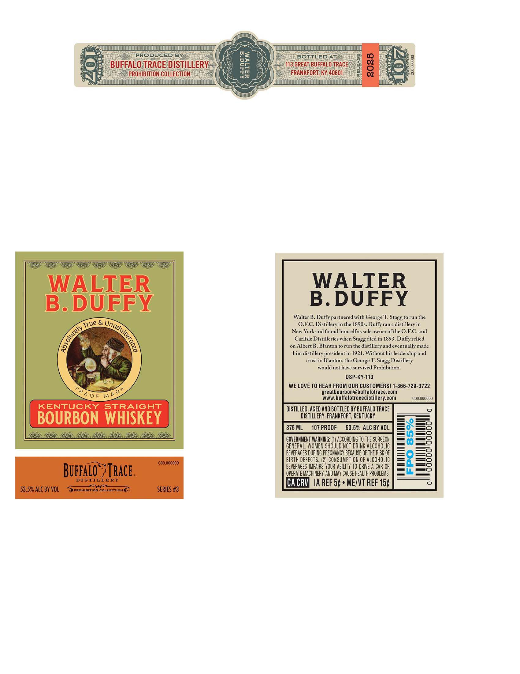 TABC label artwork for Walter B. Duffy Kentucky Straight Bourbon Whiskey | Prohibition Collection #3