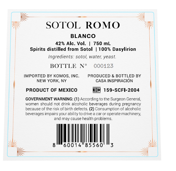 TABC label artwork for Sotol Romo