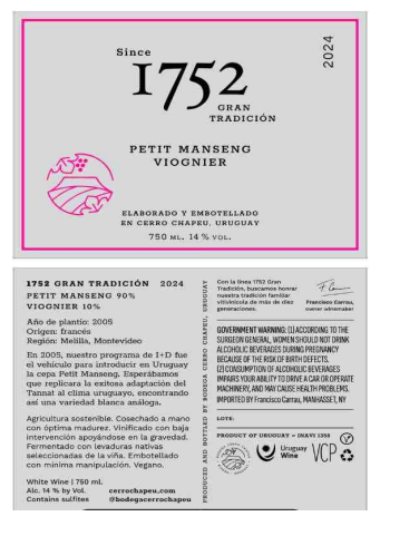 TABC label artwork for SINCE 1752 GRAN TRADICION PETIT MANSENG VIOGNIER