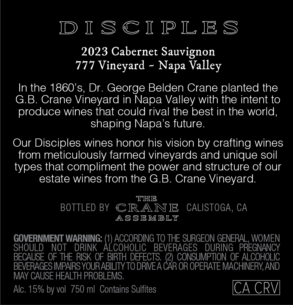 TABC label artwork for Disciples 777 Vineyard Cabernet Sauvignon Napa Valley