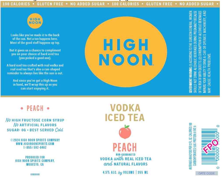 TABC label artwork for High Noon Peach Vodka Iced Tea